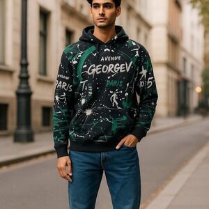 George V Paris‎ Hoodie GV-2419 Men's Large Green Black Splatter Pullover Sweater